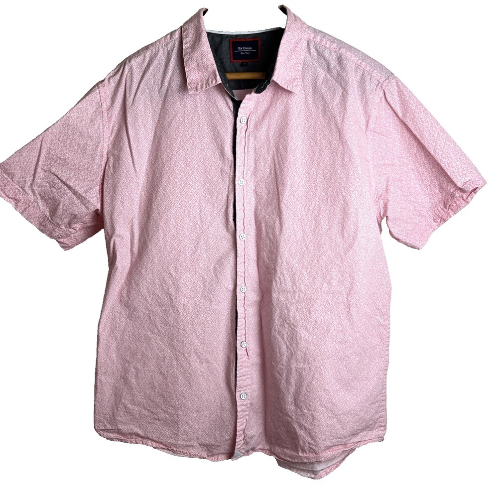 Six Lincoln Men's Button-Up Shirt Size XL Pink Short Sleeve White Print Cotton